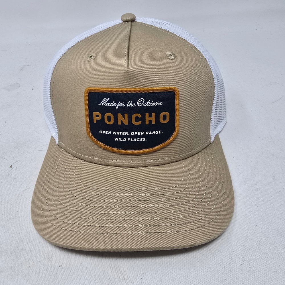 Poncho Outdoors Badge Trucker Hat Mens Tan White Mesh Snapback Outdoors Cap NEW